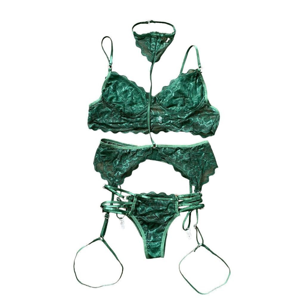 New Sexy Lace Lingerie 3 Piece Bra Panties Garter Belt Choker Set in Dark Green